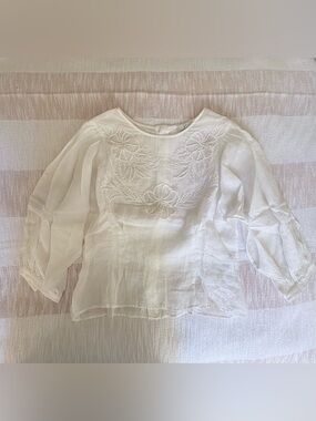 Joie White Sheer Embroidered Puff-Sleeve Blouse